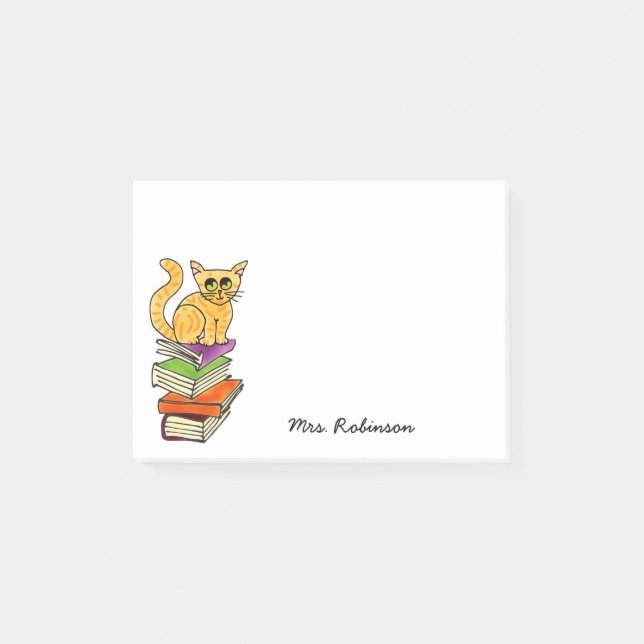Cute Cat on Book Stack Teacher Name White 4 x 3 Post-it Notes (Front)