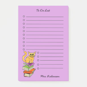 Cute Cat on Books Teacher To Do List Purple 4 x 6 Post-it Notes