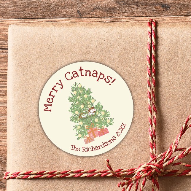 Cute Cat on Chistmas Tree Merry Catnaps!  Classic Round Sticker (Creator Uploaded)