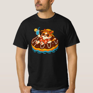 Cute Cat on Chocolate Doughnut Float | Summer Kawa T-Shirt