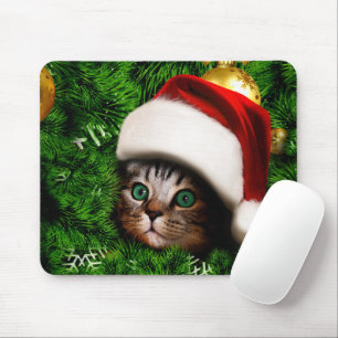 Cute Cat on Christmas tree Mouse Pad