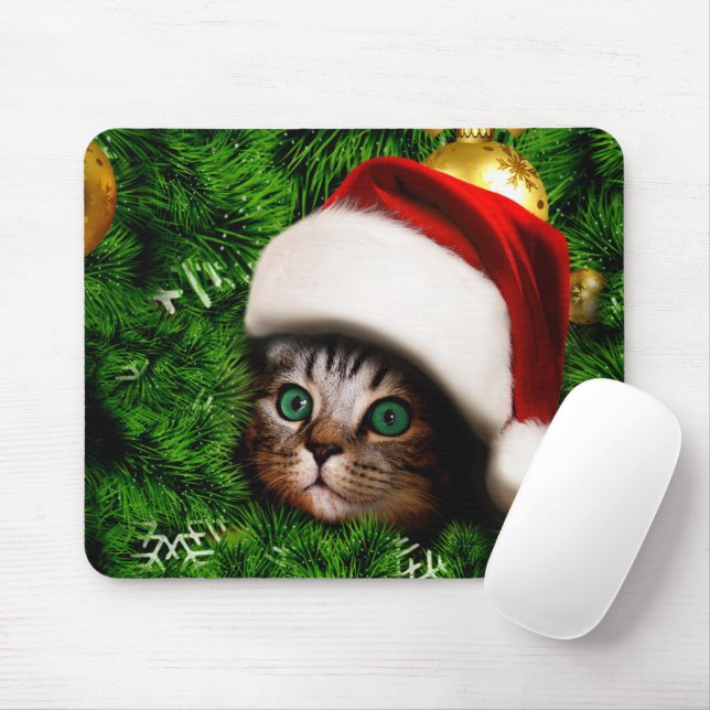 Cute Cat on Christmas tree Mouse Pad (With Mouse)