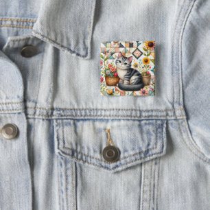 Cute Cat on Floral Quilt Cottagecore 2 Inch Square Button