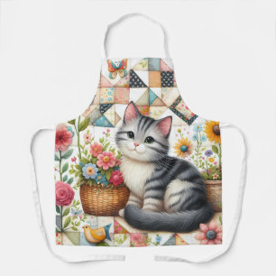 Cute Cat on Floral Quilt Cottagecore Apron