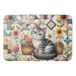Cute Cat on Floral Quilt Cottagecore Art Bath Mat