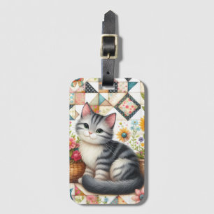 Cute Cat on Floral Quilt Cottagecore Art Luggage Tag