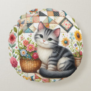 Cute Cat on Floral Quilt Cottagecore Art Round Pillow