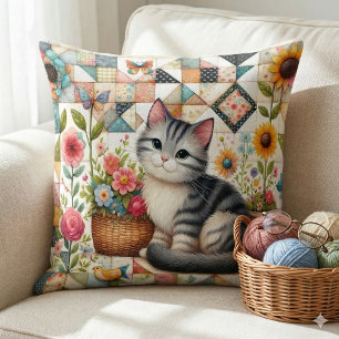 Cute Cat on Floral Quilt Cottagecore Art Throw Pillow
