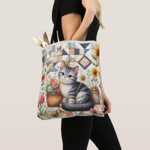 Cute Cat on Floral Quilt Cottagecore Art Tote Bag