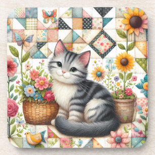 Cute Cat on Floral Quilt Cottagecore Coaster