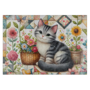 Cute Cat on Floral Quilt Cottagecore Cutting Board