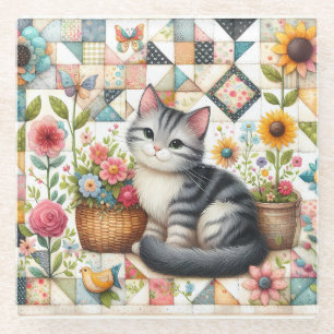 Cute Cat on Floral Quilt Cottagecore Glass Coaster