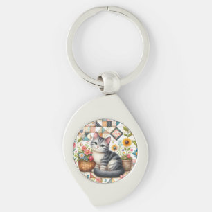 Cute Cat on Floral Quilt Cottagecore Keychain