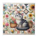 Cute Cat on Floral Quilt Cottagecore Tile<br><div class="desc">A delightful gray tabby kitten sits sweetly among blooming flowers in this cozy, cottagecore-inspired design. The backdrop features a vibrant patchwork quilt filled with charming geometric patterns, soft pastels, and vintage textures that evoke feelings of warmth and nostalgia. Surrounding the kitten are blooming sunflowers, roses, and daisies, along with cheerful...</div>