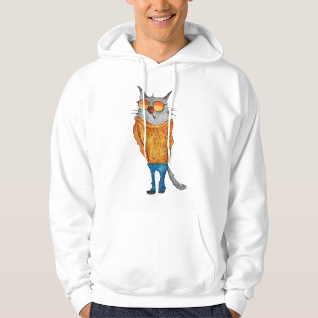 Cute Cat On Glasses Wearing orange Sweater And Blu (Front)