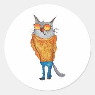 Cute Cat On Glasses Wearing orange Sweater And Blu Classic Round Sticker