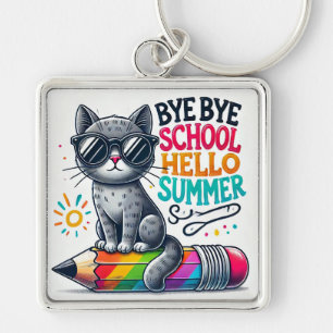 Cute Cat on Pencil Illustration Celebrating Summer Keychain