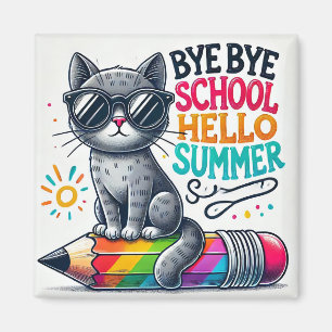 Cute Cat on Pencil Illustration Celebrating Summer Magnet