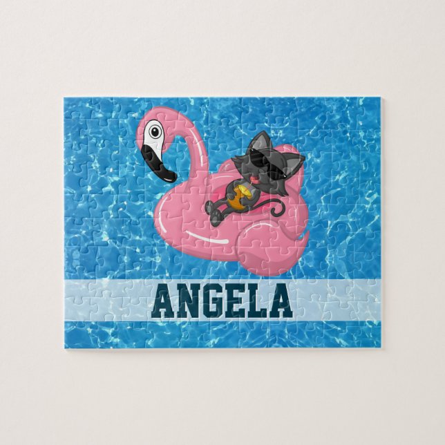 Cute Cat on Pink Flamingo Floatie Blue Name Funny Jigsaw Puzzle (Horizontal)
