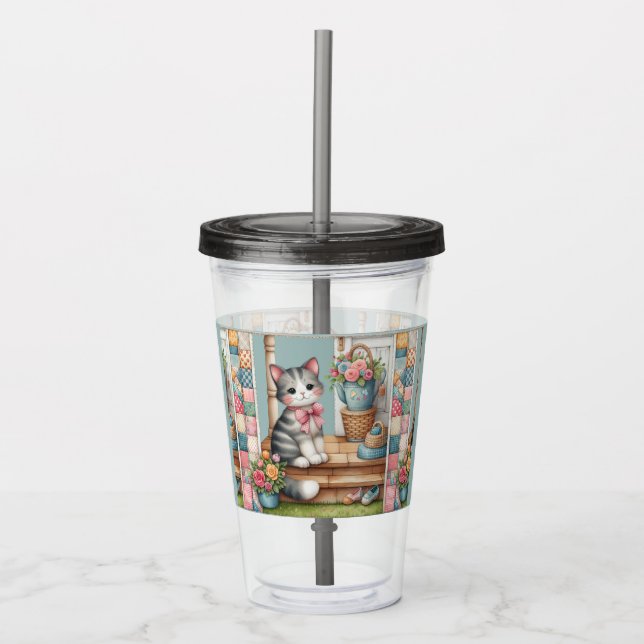 Cute Cat on Porch with Flowers & Patchwork Acrylic Tumbler (Front)