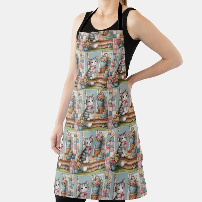 Cute Cat on Porch with Flowers & Patchwork Apron (Insitu)