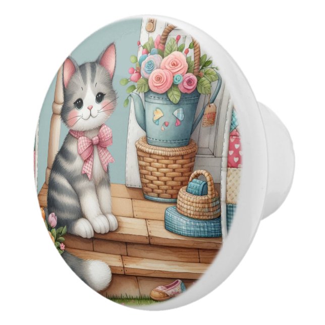 Cute Cat on Porch with Flowers & Patchwork Ceramic Knob (Right)