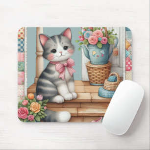 Cute Cat on Porch with Flowers & Patchwork Mouse Pad
