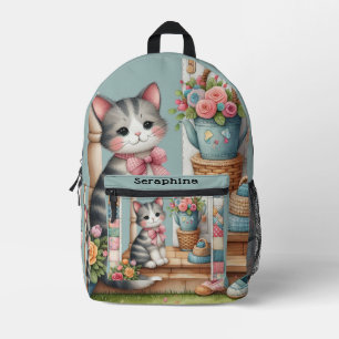 Cute Cat on Porch with Flowers & Patchwork Printed Backpack