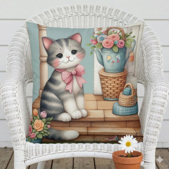 Cute Cat on Porch with Flowers & Patchwork Throw Pillow (Porch Kitty Floral Patchwork Scene Throw Pillow Mockup A)