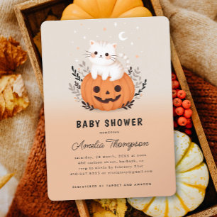Cute Cat On Pumpkin Halloween Baby Shower Invitation