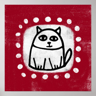 Cute Cat On Red Poster Wall Art