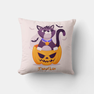 Cute Cat on Spooky Pumpkin and Halloween Bats Throw Pillow