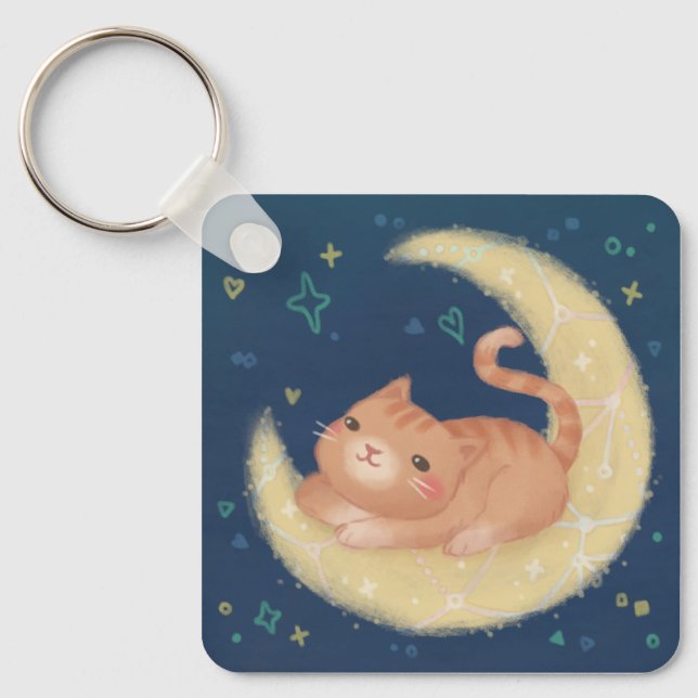 Cute Cat on the Moon Keychain (Front)