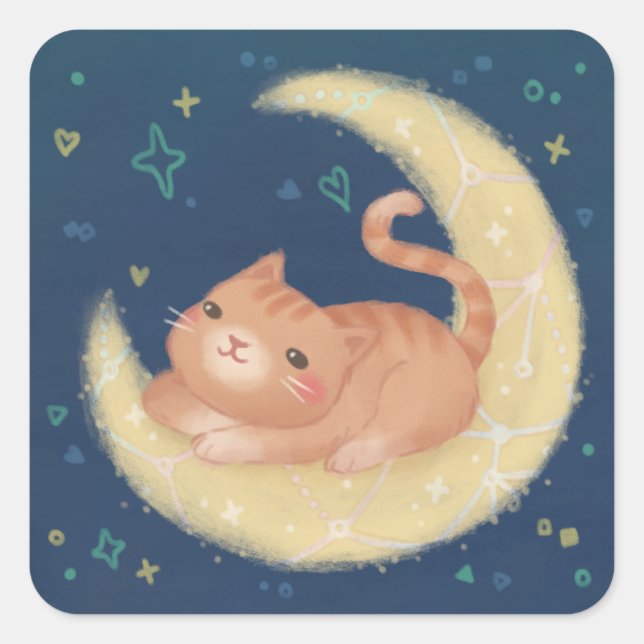 Cute Cat on the Moon Square Sticker (Front)