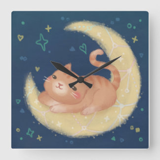Cute Cat on the Moon Square Wall Clock
