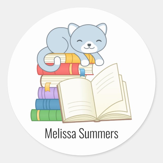 Cute Cat on top of a Book Stack Classic Round Sticker (Front)