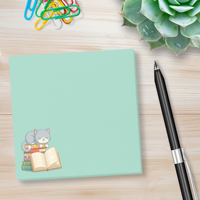 Cute Cat on top of a Book Stack Green Post-it Notes (Creator Uploaded)