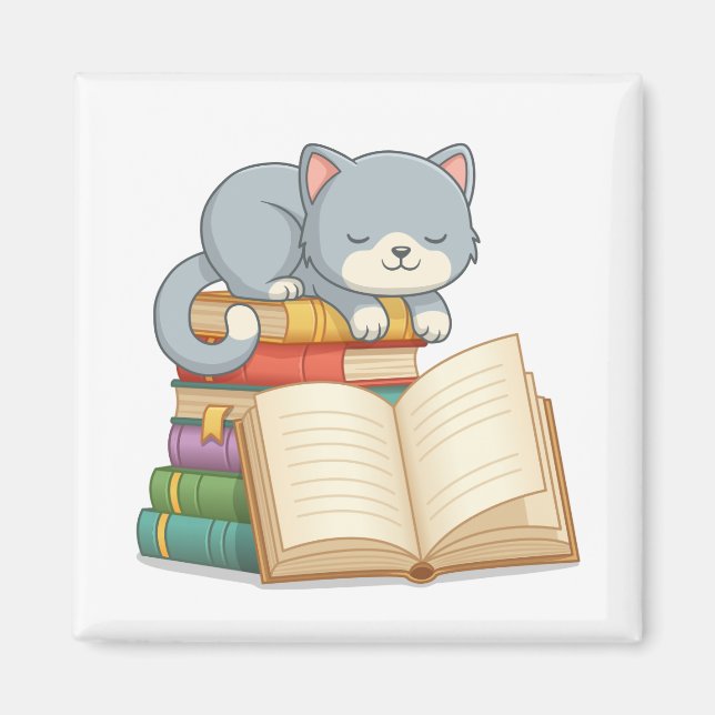 Cute Cat on top of a Book Stack Magnet (Front)