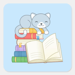 Cute Cat on top of a Book Stack on Blue Square Sticker