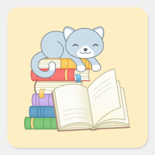 Cute Cat on top of a Book Stack on Yellow Square Sticker