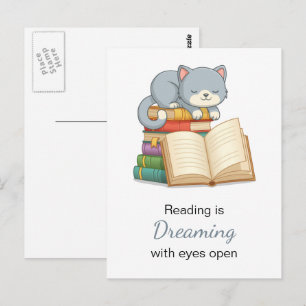 Cute Cat on top of a Book Stack Reading Quote Postcard