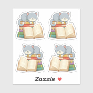 Cute Cat on top of a Book Stack, Set of 4