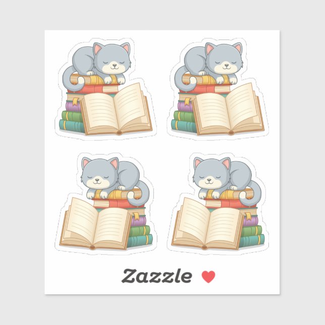 Cute Cat on top of a Book Stack, Set of 4 (Sheet)