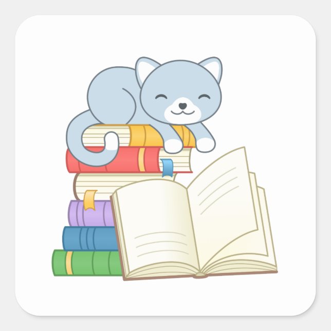 Cute Cat on top of a Book Stack Square Sticker (Front)