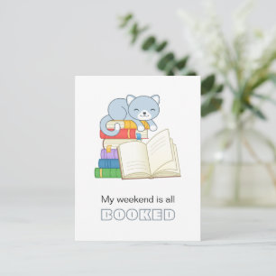 Cute Cat on top of a Book Stack Weekend Booked Postcard