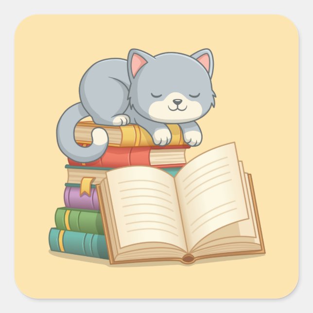 Cute Cat on top of a Book Stack Yellow Square Sticker (Front)