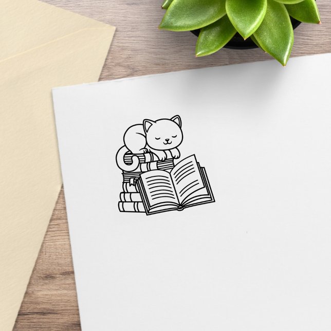 Cute Cat on top of Stack of Books 1x1 Rubber Stamp (Creator Uploaded)