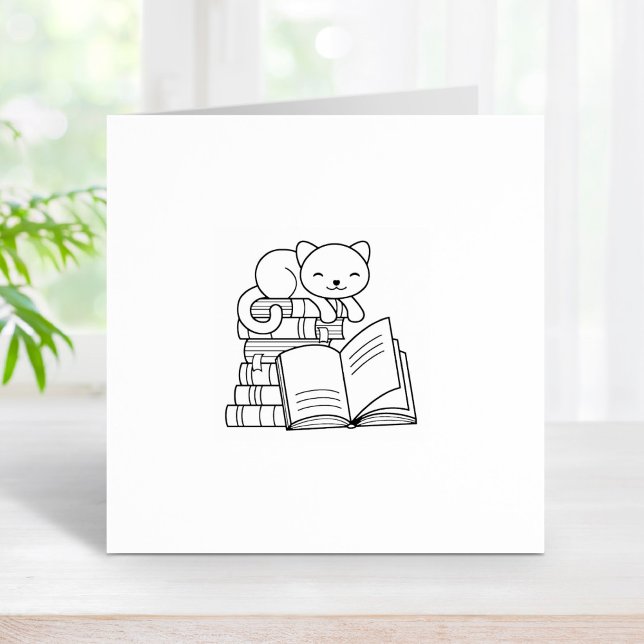 Cute Cat on top of Stack of Books 1x1 Rubber Stamp (Creator Uploaded)