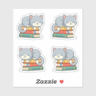 Cute Cat on top of Stack of Books, Set of 4