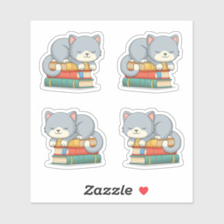 Cute Cat on top of Stack of Books, Set of 4